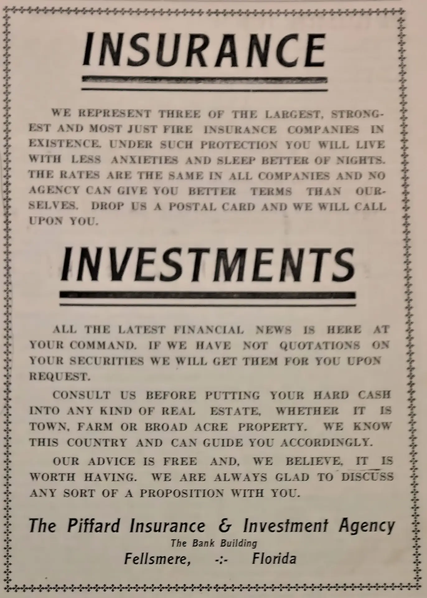 Charles Piffard Ad in Oct. 17, 1914 Fellsmere Tribune-gigapixel-low resolution v2-2x
