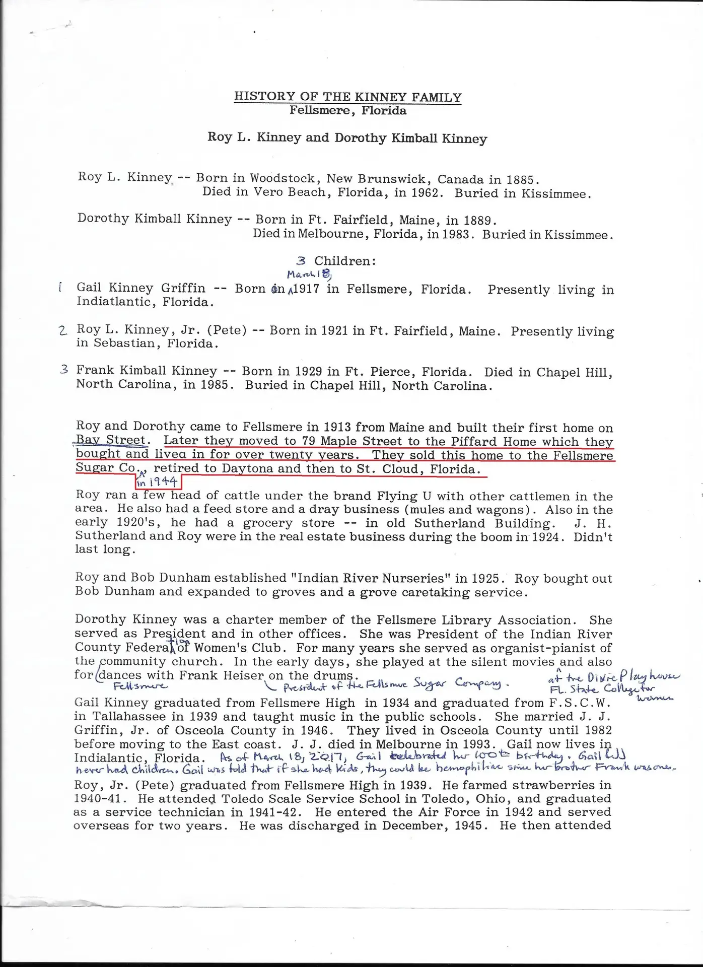 Kinney Family History, Page 1 of 2